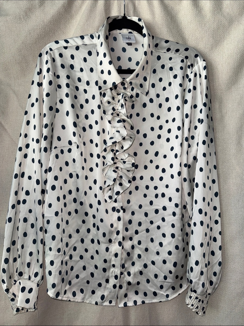 CAbi White Button-Down Blouse with Black Polka Dots and Ruffle Front